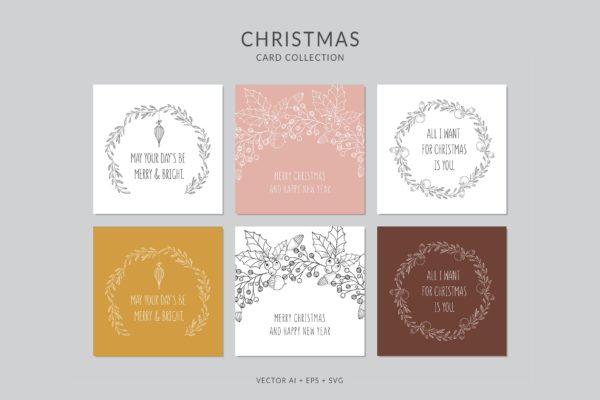 手绘圣诞装饰花环元素圣诞节贺卡设计模板v2 Christmas Greeting Card Vector Set