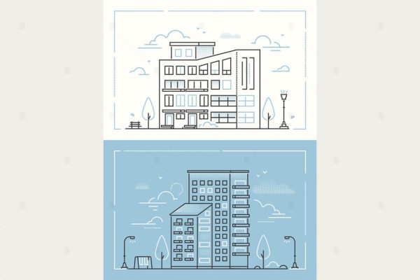 城市建筑线条设计风格插画素材 City buildings &#8211; line design style illustrations