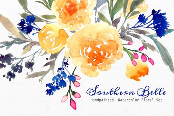 水彩手绘江南彩色花卉插画 Southern Belle &#8211; Watercolor Floral S