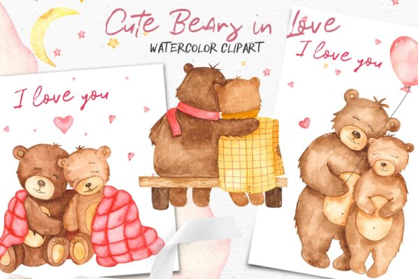 水彩可爱熊手绘图案剪贴画＆卡片素材 Watercolor cute bears in love. Clipart and cards
