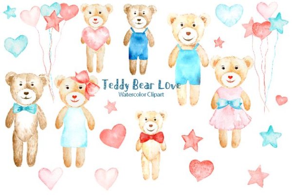 可爱水彩手绘泰迪熊剪贴画 Watercolor Clipart Teddy Bear Love