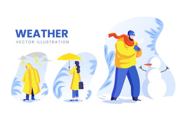 天气预报主题人物形象普贤居精选手绘插画矢量素材 Weather Condition Vector Character Set
