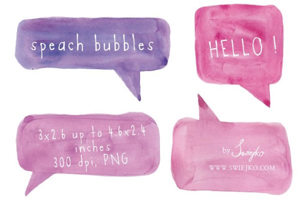 水彩风格对话泡泡图形 Speech bubbles, Watercolor