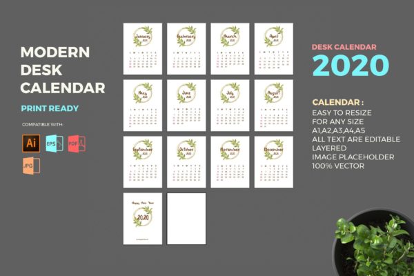手绘花卉艺术2020年台历日历设计模板 Modern 2020 Desk Calendar Pro