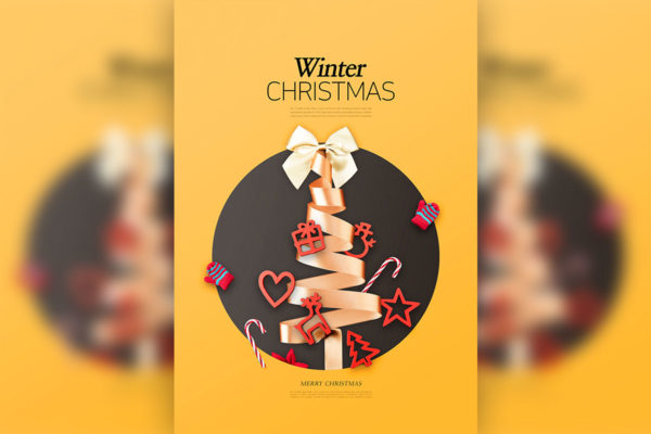 冬季金丝圣诞树圣诞主题海报psd模板