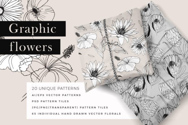 创意手绘花卉插画图案纹理素材 Graphic Flowers Patterns &amp; Elements