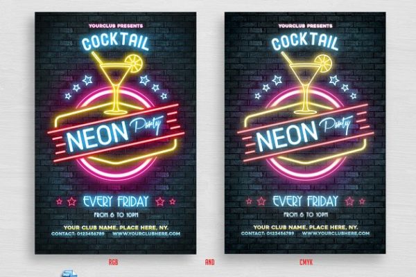 霓虹灯风格鸡尾酒派对活动海报模板 Neon Cocktail Party Flyer