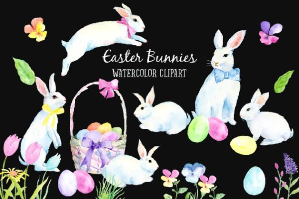 复活节兔子水彩剪贴画 Watercolor Easter Bunny