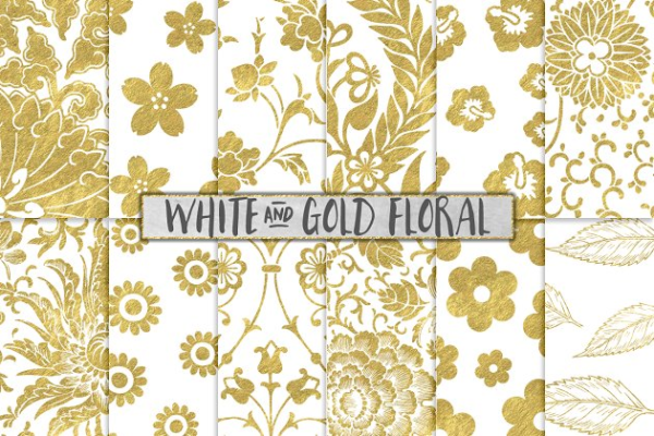 白色和金色花卉图案纹理背景 W