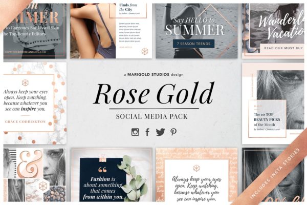 轻奢玫瑰金主题社交媒体贴图模板16设计网精选 ROSE GOLD | Social Media Pack