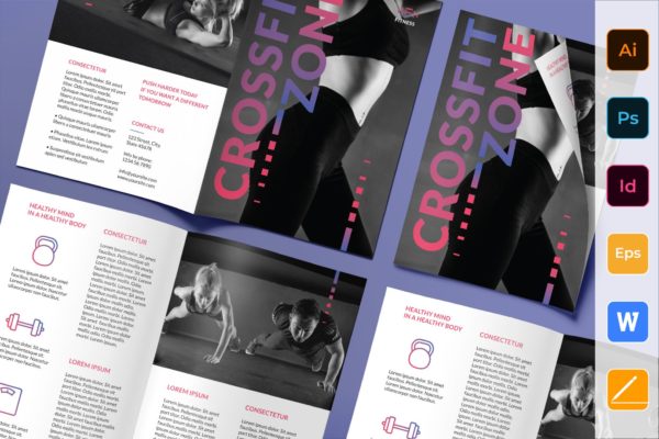 健身俱乐部/工作室对折页宣传单设计模板 Fitness Studio Brochure Bifold
