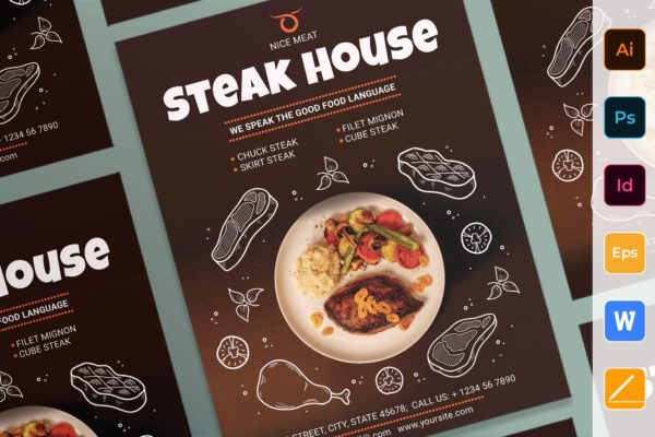 牛排西餐厅宣传海报设计模板 Steak House Poster