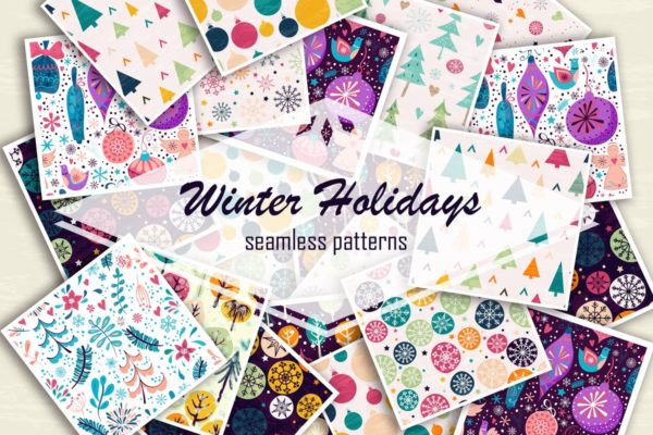 冬天节日气氛元素图案无缝纹理 Winter holidays seamless patterns