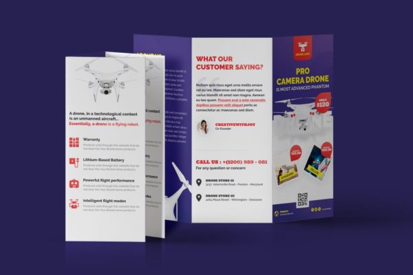 无人机产品展示三折页传单设计模板 Drone Product Showcase Tri-Fold Brochure