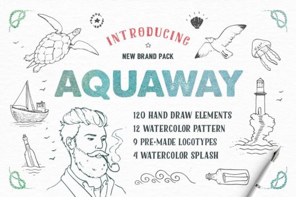 海洋主题水彩矢量插图设计套装 AquaWay — watercolored vector pack