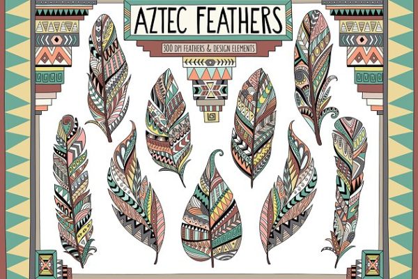 阿兹特克部落文化羽毛剪贴画套装 Aztec Tribal Feathers Clipart Set