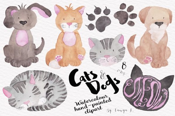 猫＆狗水彩艺术卡通化剪贴画 Cats and Dogs Watercolour Clipart