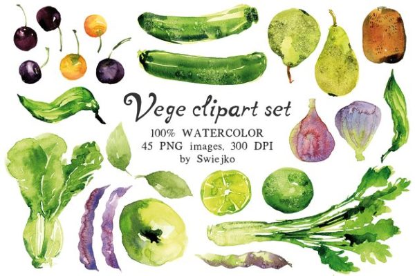 45款蔬果水彩剪切画素材 Watercolor Veggies and Fruits