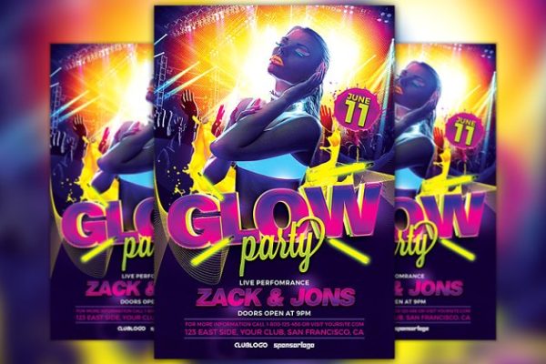 夜场派对俱乐部海报设计PSD模板 UV Glow Party Flyer Template