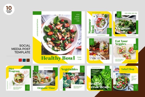 有机饮食品牌社交媒体设计素材包 Organic Diet Social Media Kit PSD &amp; AI