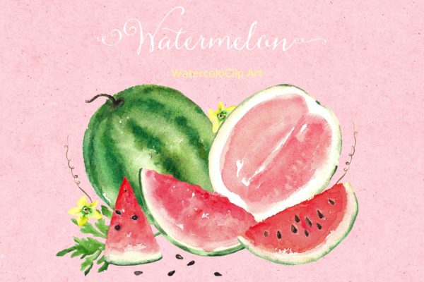西瓜水彩剪贴画素材 Watermelon watercolor clipart