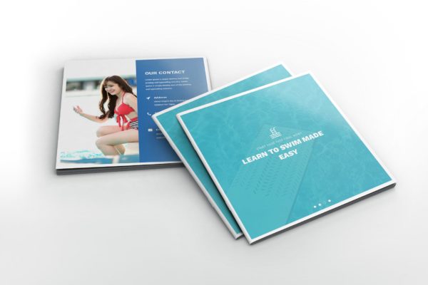 游泳培训课程方形宣传画册设计模板 Swimming Square Brochure Template
