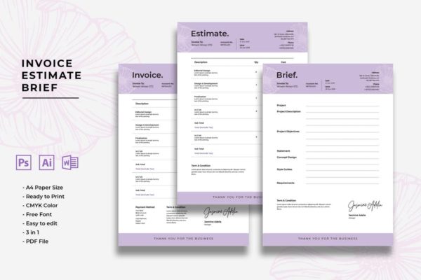经典简约账单/发票/单据/费用清单设计模板 Invoice Estimate Brief