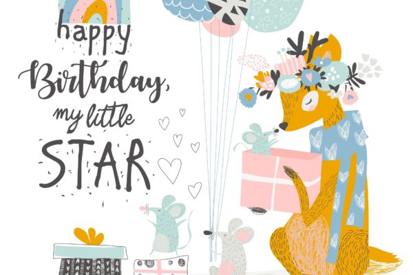 可爱麋鹿&amp;老鼠矢量动物手绘插画设计素材 Vector Greeting Birthday card with cute deer and m