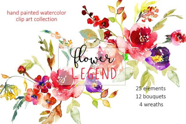 红牡丹花水彩剪切画（元素、花束&amp;花圈） Watercolor Red Peony Flowers Clipart