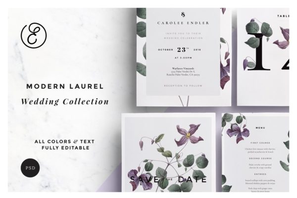 现代优雅花卉装饰婚礼邀请设计套件 Modern Laurel P.1 Wedding Collection