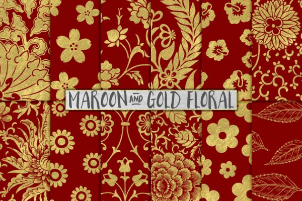 12种金箔花卉图案背景  Maroon and Gold Floral Papers