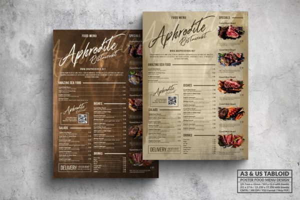 复古设计风格烤肉餐厅菜单海报模板 Vintage Old Food Menu &#8211; A3 &amp; US Tabloid Poster