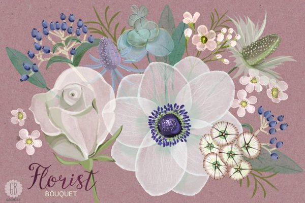 淡雅水彩海葵花束插画艺术素材 Watercolor florist bouquet anemone