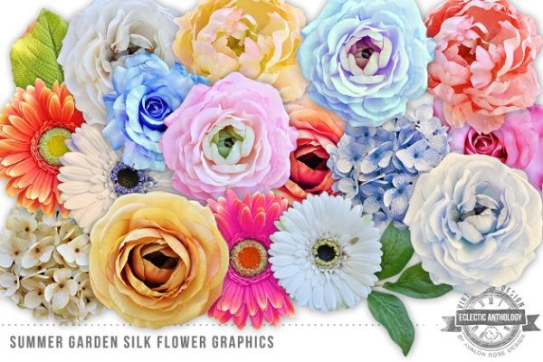 夏日花园丝绸花卉剪贴画 Summer Garden Silk Flowers Graphics