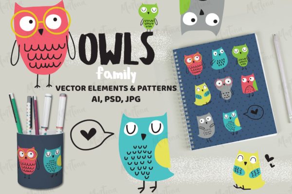 猫头鹰家族水彩手绘图案设计素材 Owls Family
