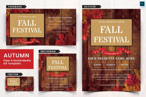 秋季节日传单和&amp;社交媒体设计模板素材中国精选套装06 Autumn Festival Flyer &amp; Social Media Pack-06