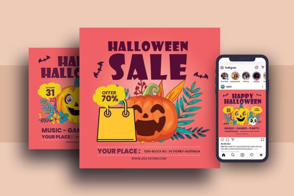 万圣节节日促销海报模板和Instagram推广素材 Halloween Festival Flyer &amp; Instagram Post Design