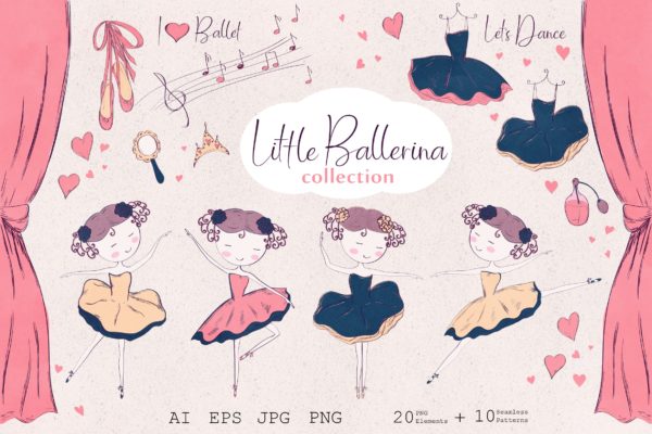 小芭蕾舞演员形象手绘插画图案矢量素材 Little ballerina