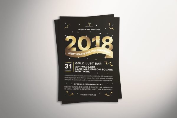 新年前夜金色文字海报传单素材中国精选PSD模板v1 New Year&#8217;s Eve Celebration Flyer