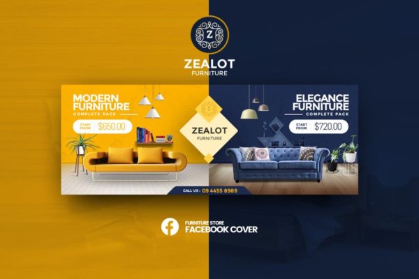 创意奢华家具品牌社交推广广告设计素材 Zealot &#8211; Furniture Store Facebook Cover Template