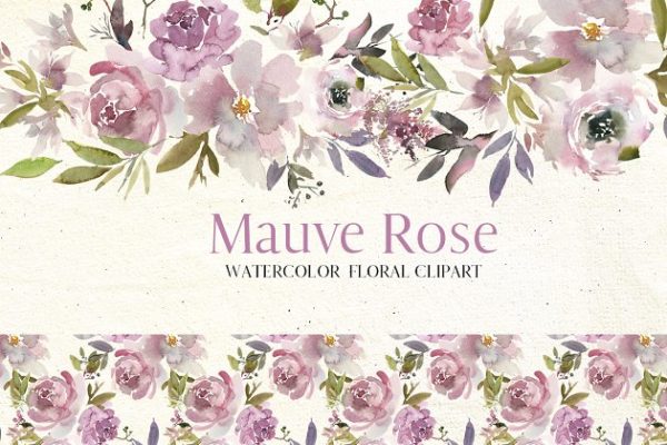 淡紫色玫瑰水彩花卉剪贴画 Mauve Rose Watercolor Floral Clipart