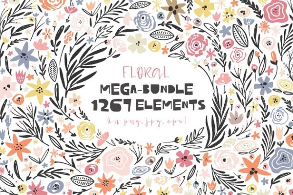 超级手绘花卉&amp;叶子元素大礼包 Floral mega-bundle: 1267 elements
