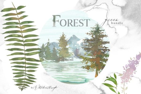 绿色森林水彩图案剪切画集合 Forest &#8211; Green Watercolor Bundle