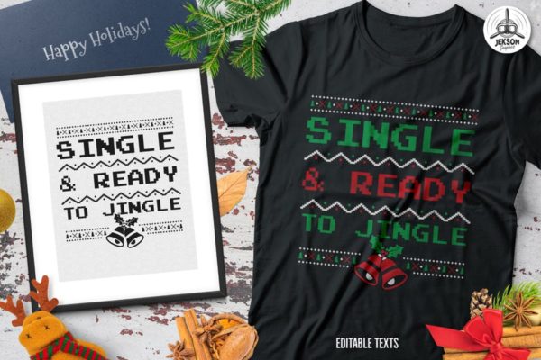 圣诞叮当毛衣T恤印花手绘图案设计素材 Christmas Jingle Sweater T-Shirt Xmas Retro Party