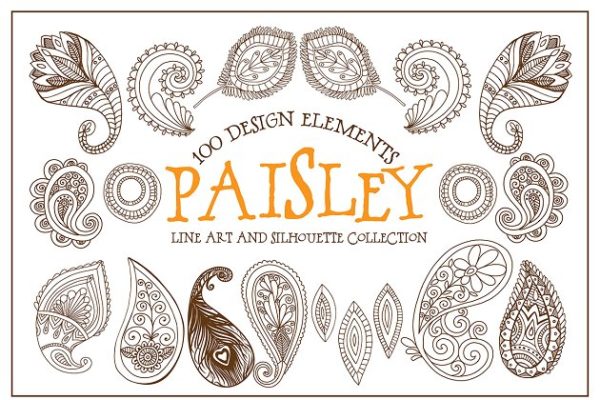 波西米亚风格艺术线条插图素材 Boho Paisley Line Art Illustrations