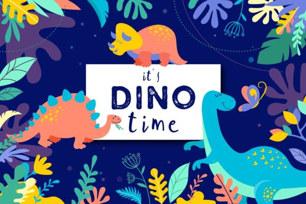 可爱的恐龙插图设计工具包 it&#8217;s DINO time &#8211; cute dinosaurs kit
