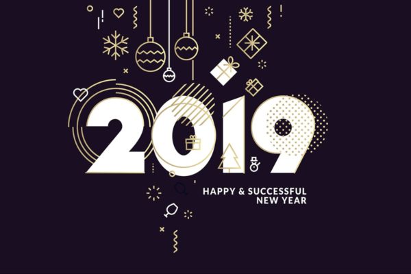 2019年数字新年贺卡设计模板[深色背景版本] Business Happy New Year 2019 Greeting Card