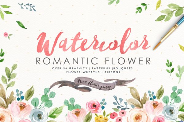 浪漫水彩花卉插画设计套装 Watercolor Romantic Flower