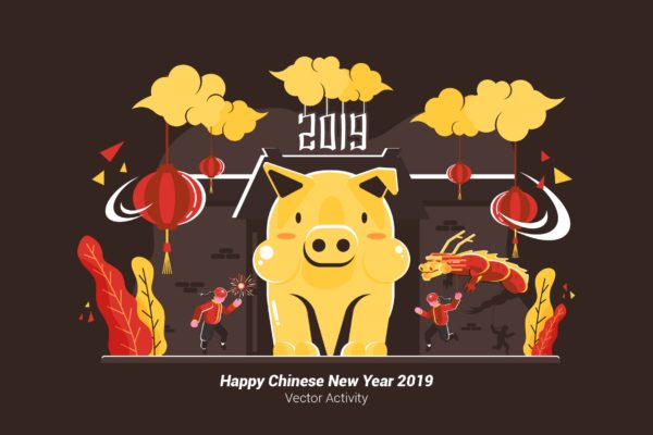 中国元素新年庆祝主题矢量插画素材 Happy Chinese New Year 2019 &#8211; Vector Illustration