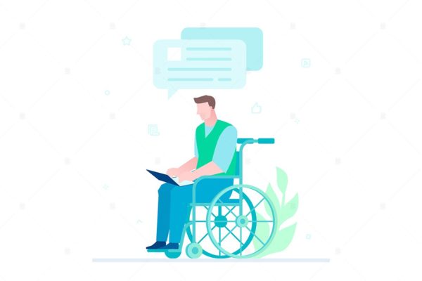 残疾工人聊天场景扁平设计风格矢量插画素材中国精选 Disabled worker chatting &#8211; flat illustration